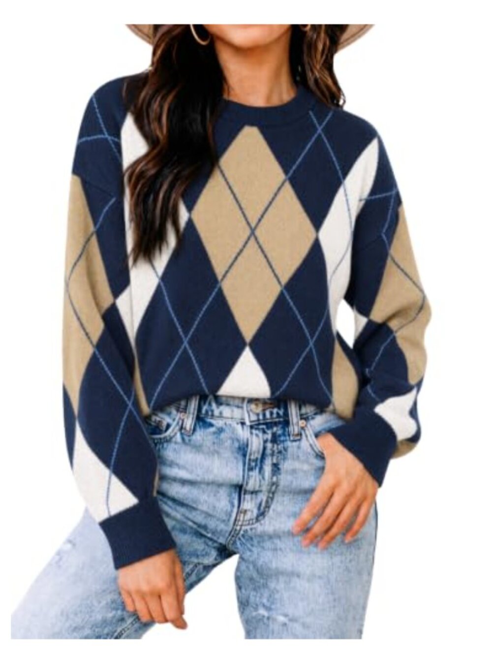 Argyle Crew Neck Pullover Sweater - Loose Fit Color Block Knit